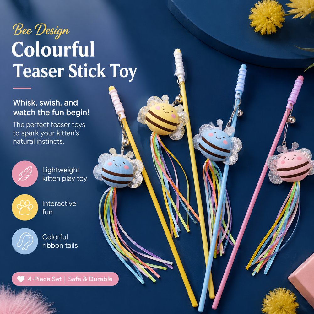 HeartyPaws bee design colourful teaser stick toy lifestyle image