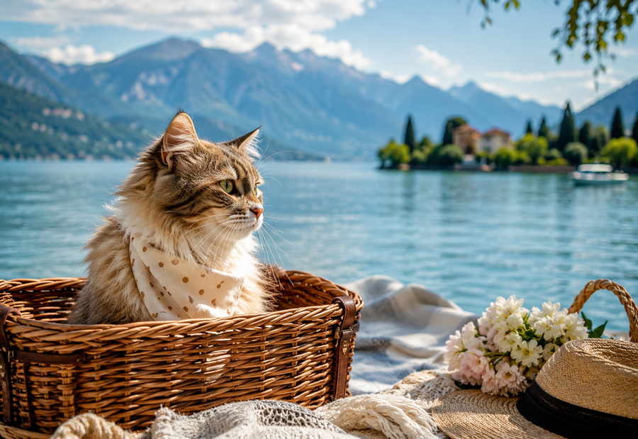 Cat in a picnic basket beside a mountain lake