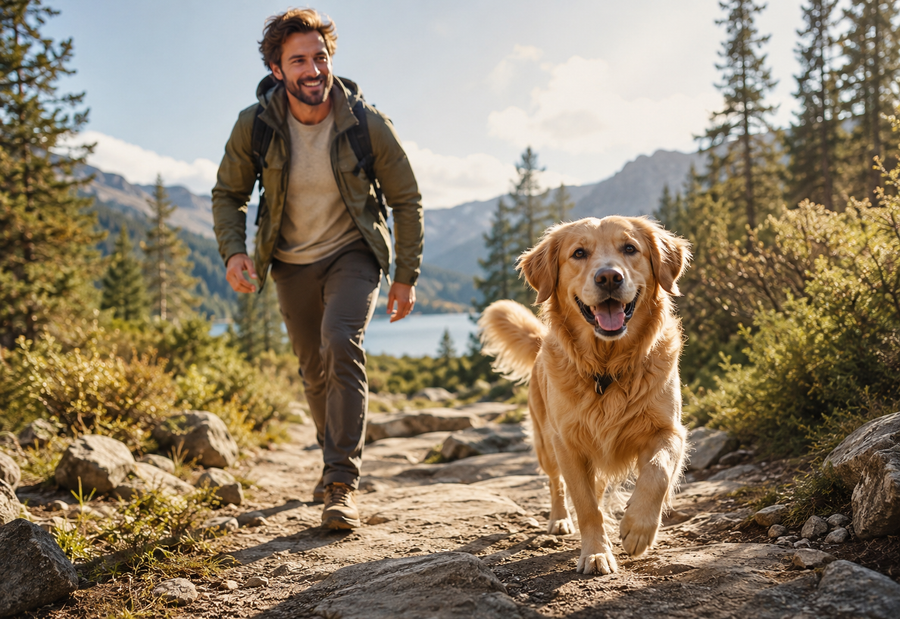 Golden retriever hiking on a mountain trail with pet parent