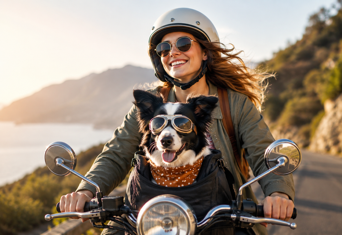 Small dog riding safely in a scooter carrier with pet parent