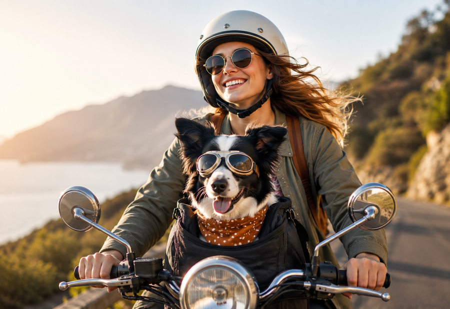 Small dog riding safely in a scooter carrier with pet parent