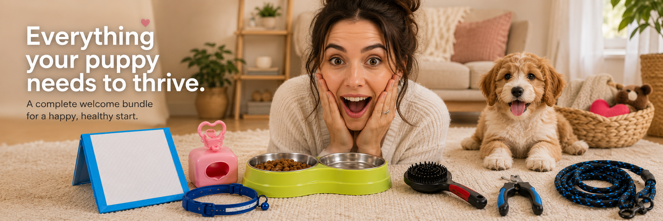 A thoughtfully prepared HeartyPaws care bundle beside a happy dog and cat