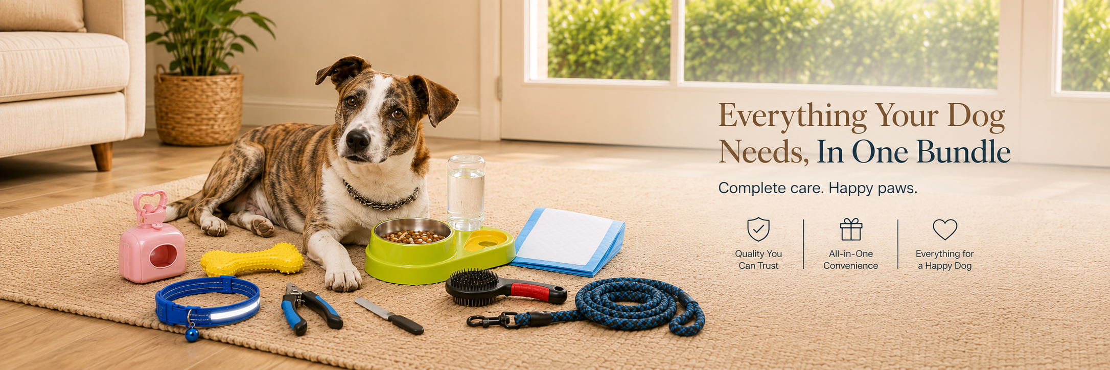 A thoughtfully prepared HeartyPaws care bundle beside a happy dog and cat