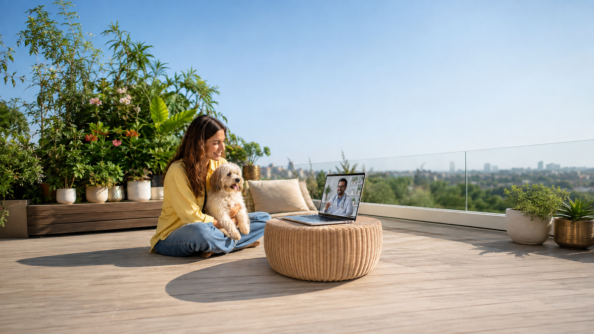 Anxious dog comforted by pet parent before an online vet consultation
