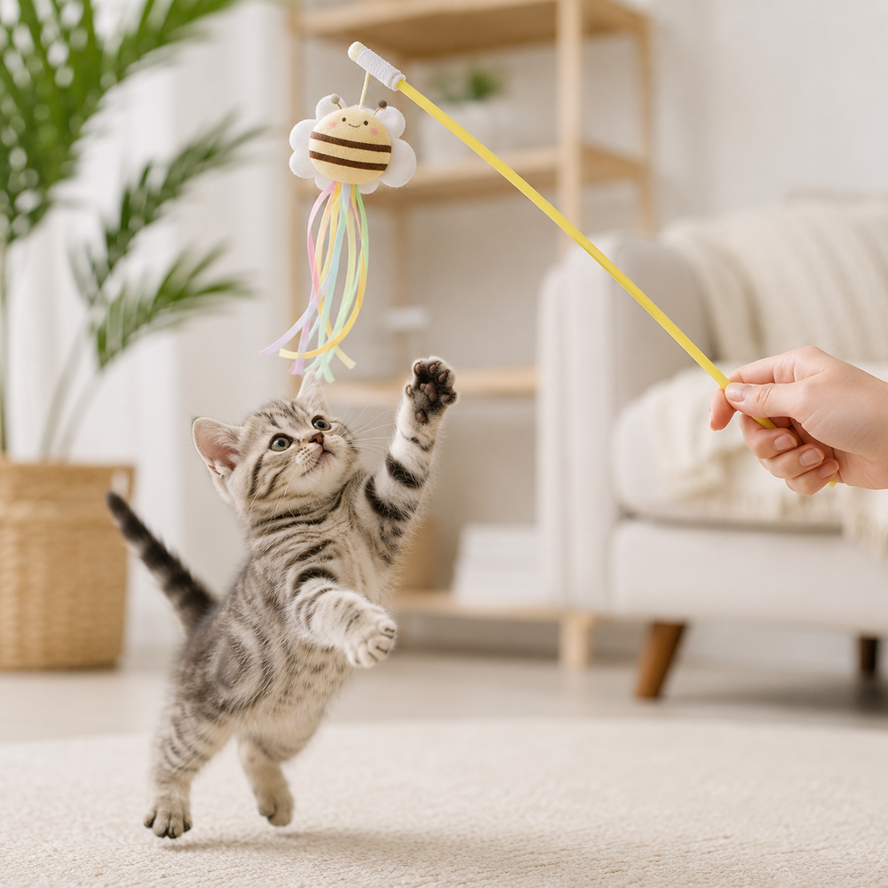 HeartyPaws bee design colourful teaser stick toy