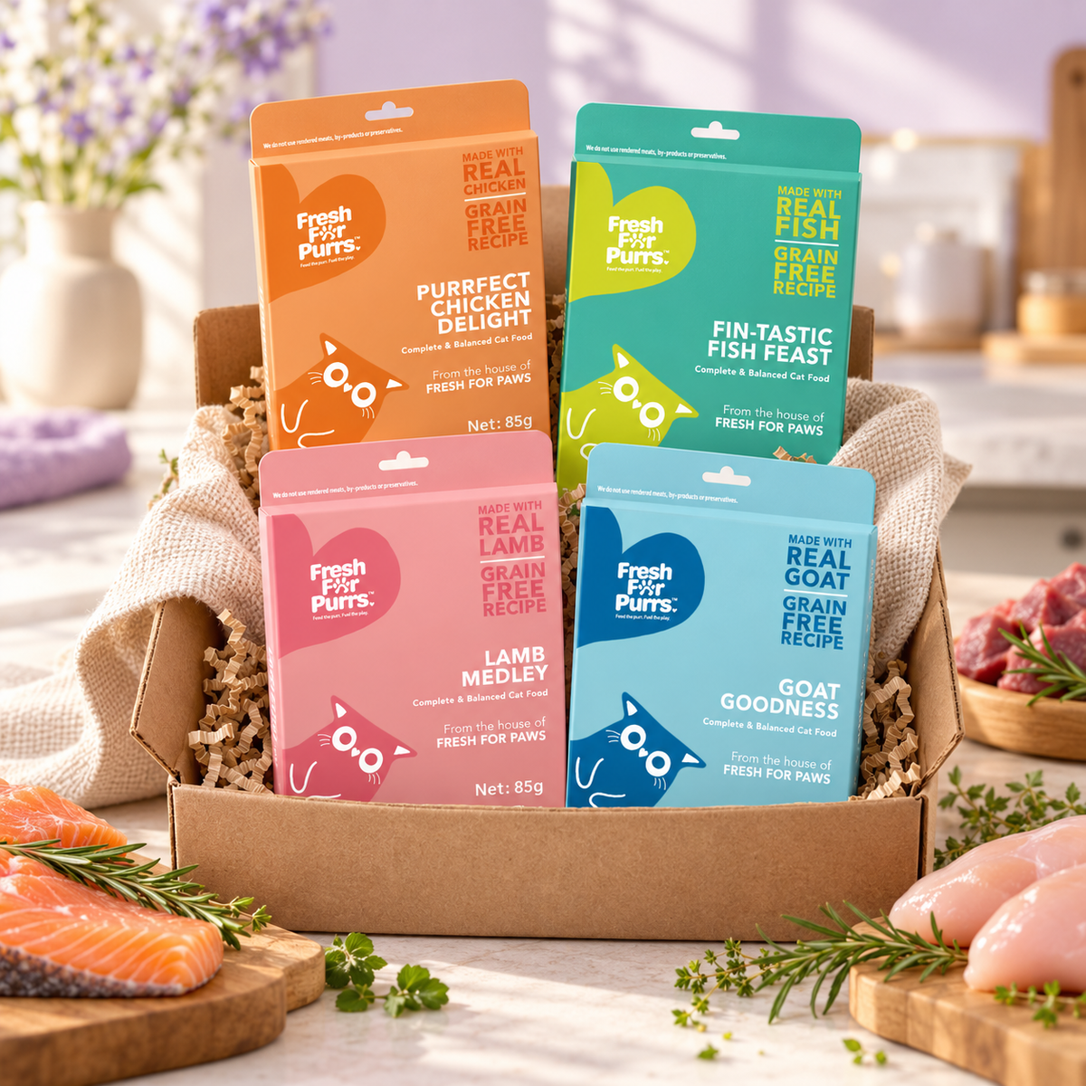 Cat Premium Meat Box 6 meals bundle, real HeartyPaws recipe packs in a warm open-box scene; no pets
