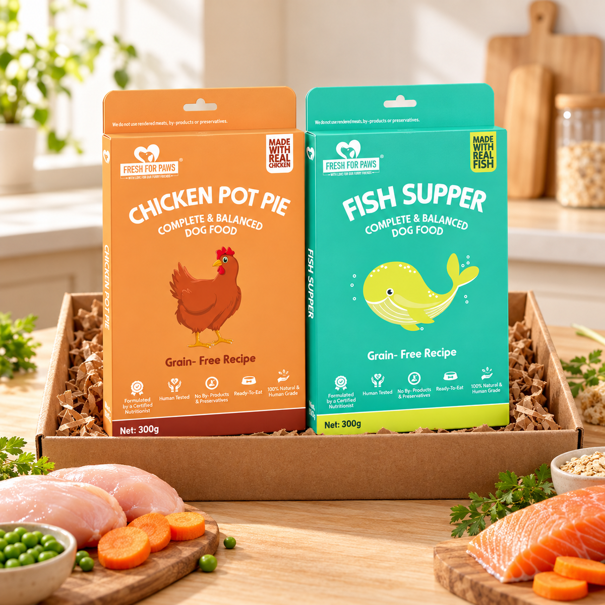 Chicken & Fish Favourites 12 meals bundle, real HeartyPaws recipe packs in a warm open-box scene; no pets