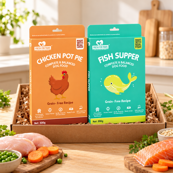 Chicken & Fish Favourites 6 meals bundle, real HeartyPaws recipe packs in a warm open-box scene; no pets