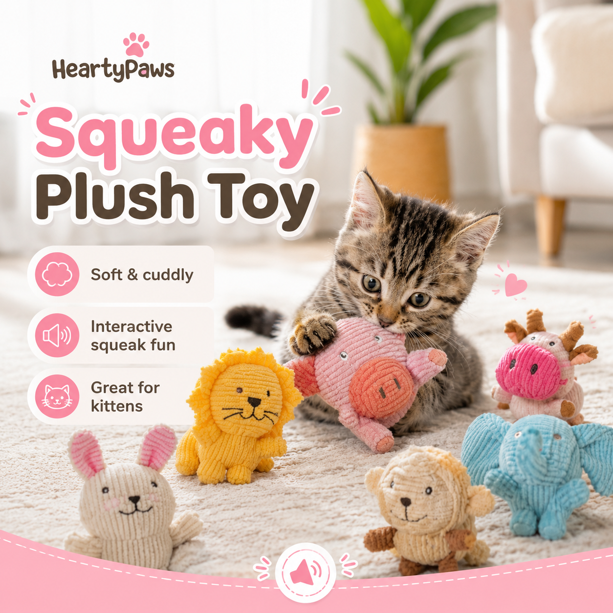 HeartyPaws Squeaky Plush Toy with playful kitten and soft plush animals