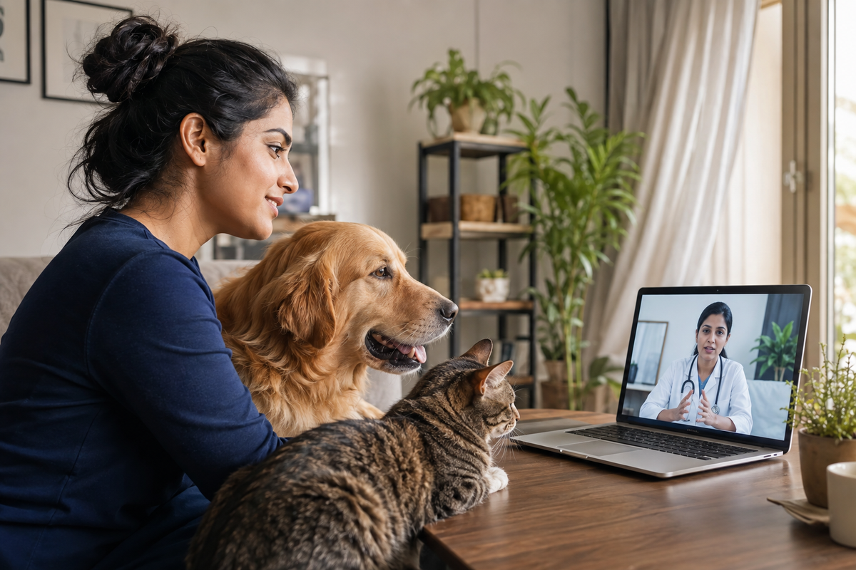 Pet parent consulting an online veterinarian with her dog and cat