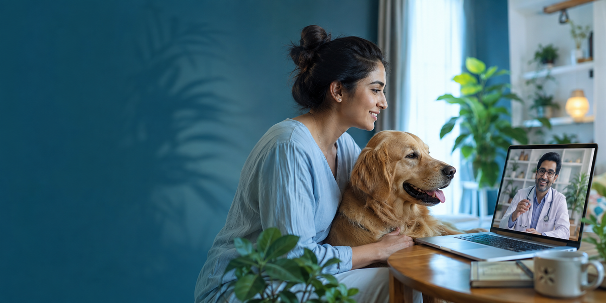 Pet parent and golden retriever speaking with a veterinarian online