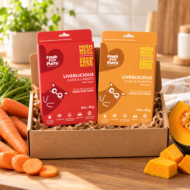Topper Duo 12 Toppers bundle, real HeartyPaws recipe packs in a warm open-box scene; no pets