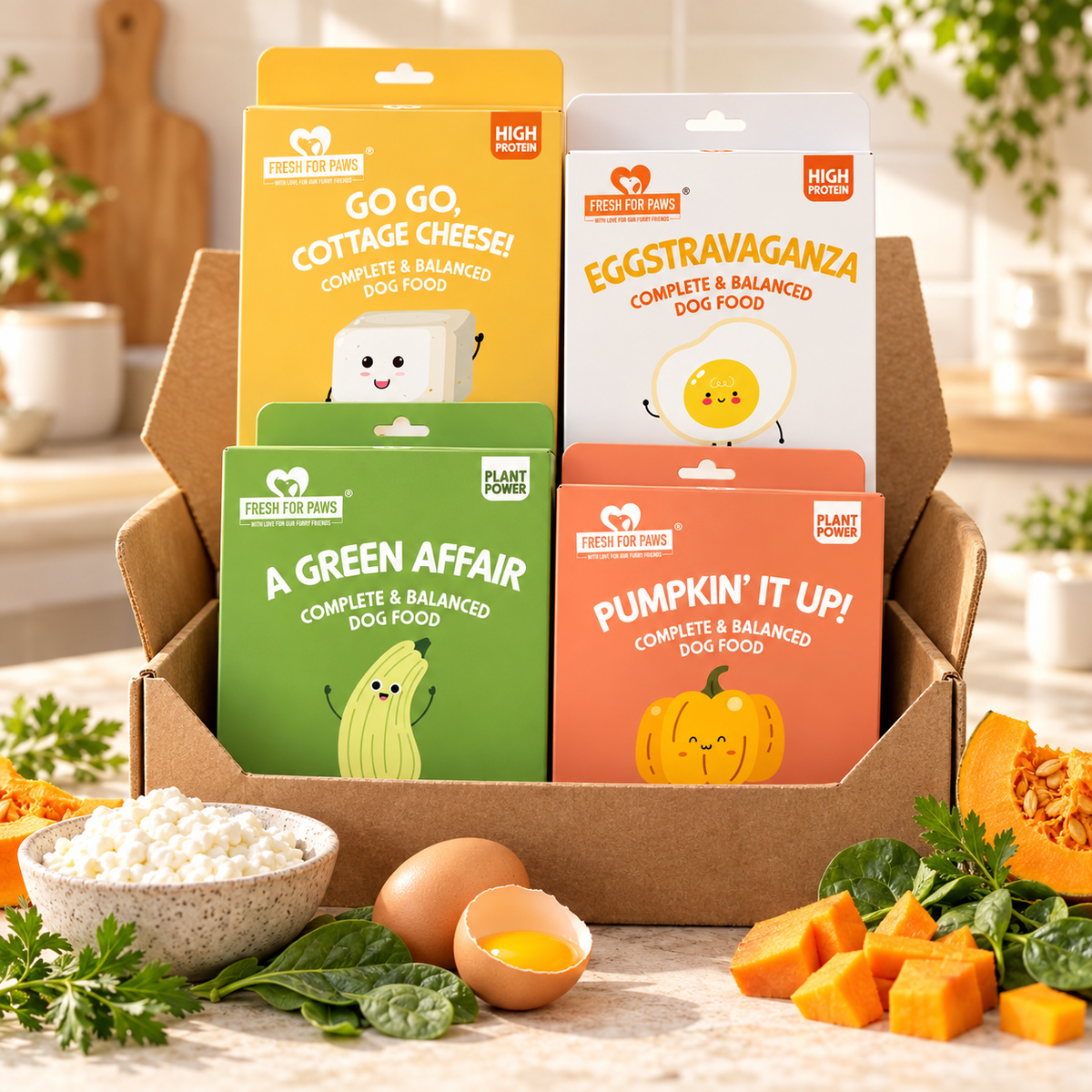 Vegetarian Variety Box 12 meals bundle, real HeartyPaws recipe packs in a warm open-box scene; no pets