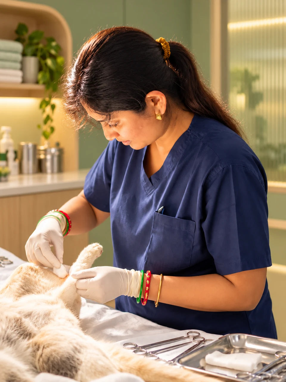 Dr. Ishita Maity caring for a cat; clinic background digitally replaced