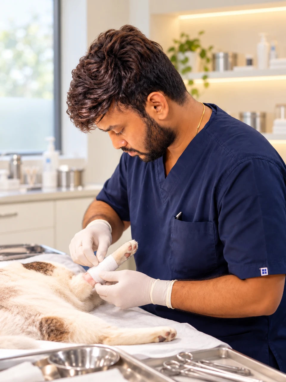 Dr. Pinaki Bhattacharyay caring for a cat; clinic background digitally replaced